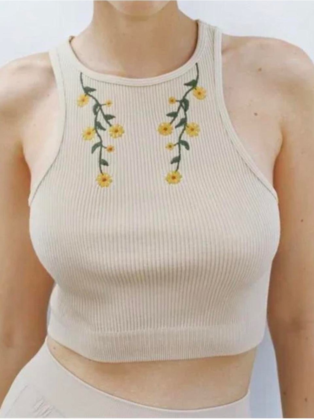 Zara Cream Ribbed Cropped Tank with Yellow Floral Embroidery